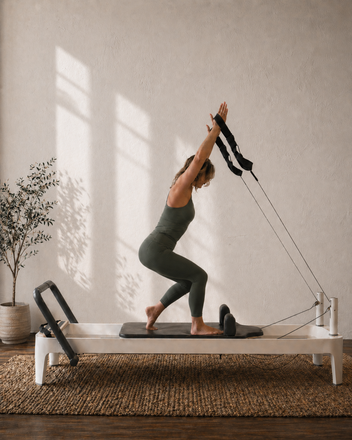 Diana Coffey using a Pilates reformer with resistance bands in a bright room.
