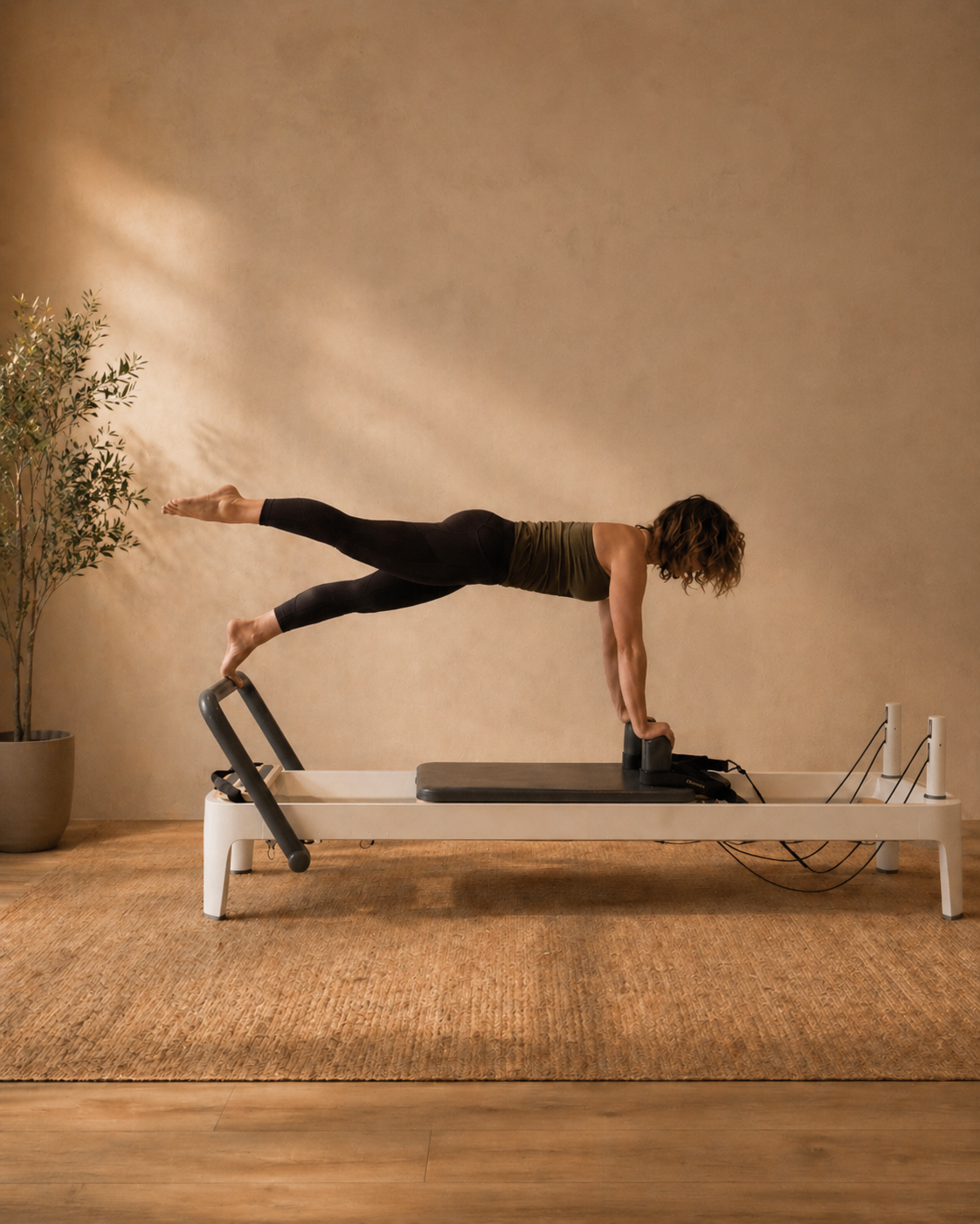 Diana Coffey using a Pilates reformer machine in a home setting with a neutral wall and wooden floor.