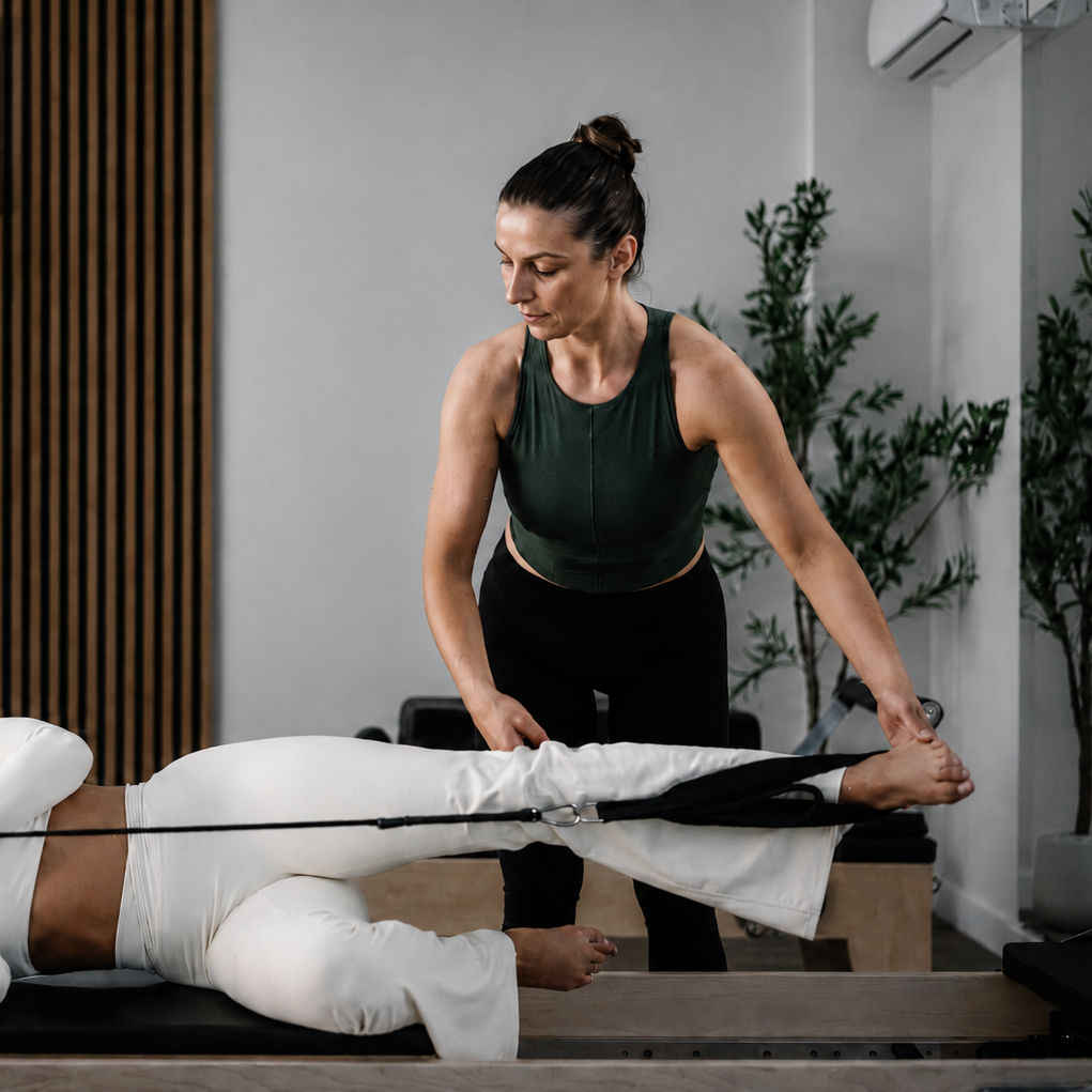 Diana Coffey instructing a student on a reformer pilates bed